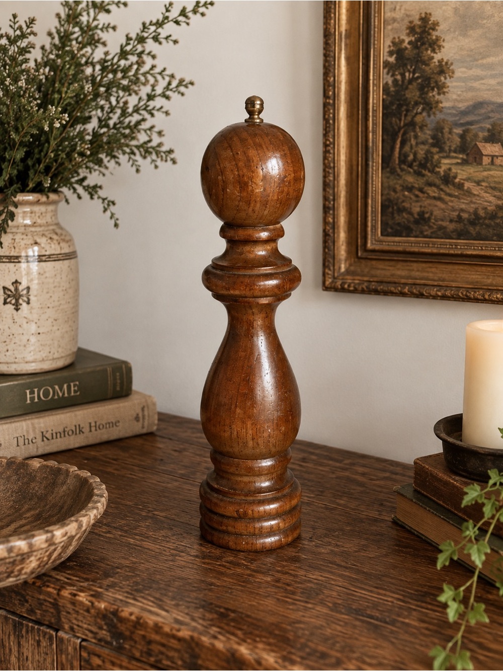 Vintage Wooden Pepper Mill with Brass Top
